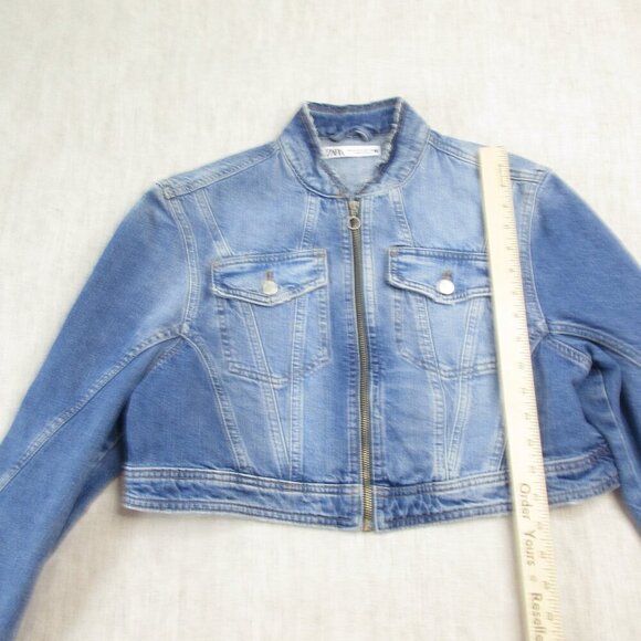 Zara Trucker Jacket Womens Medium Blue Denim Crop Flap Pocket Long Sleeve Zip-Up - Picture 4 of 7